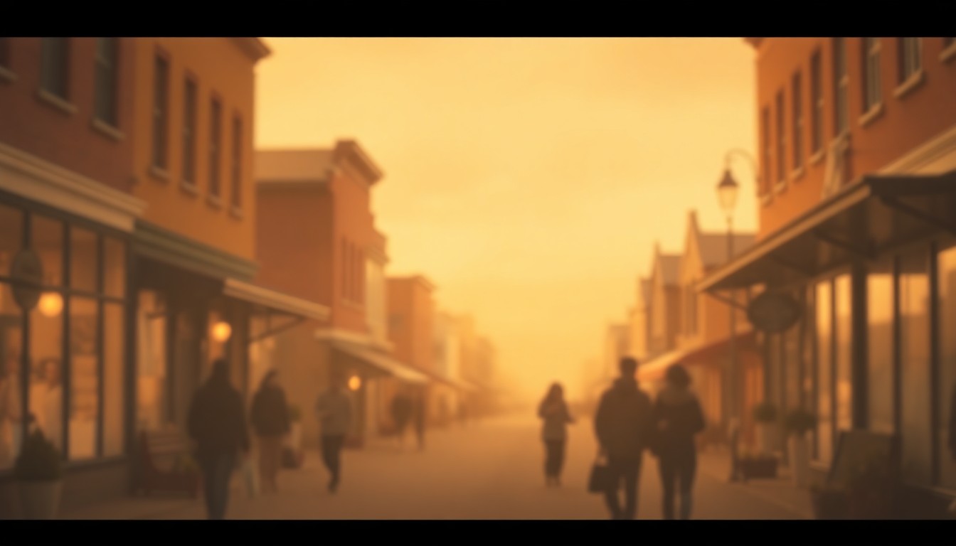 A dreamy, impressionistic photograph in soft, warm tones depicting the blurred silhouettes of people and buildings on a small-town main street, conveying a sense of nostalgia and community.