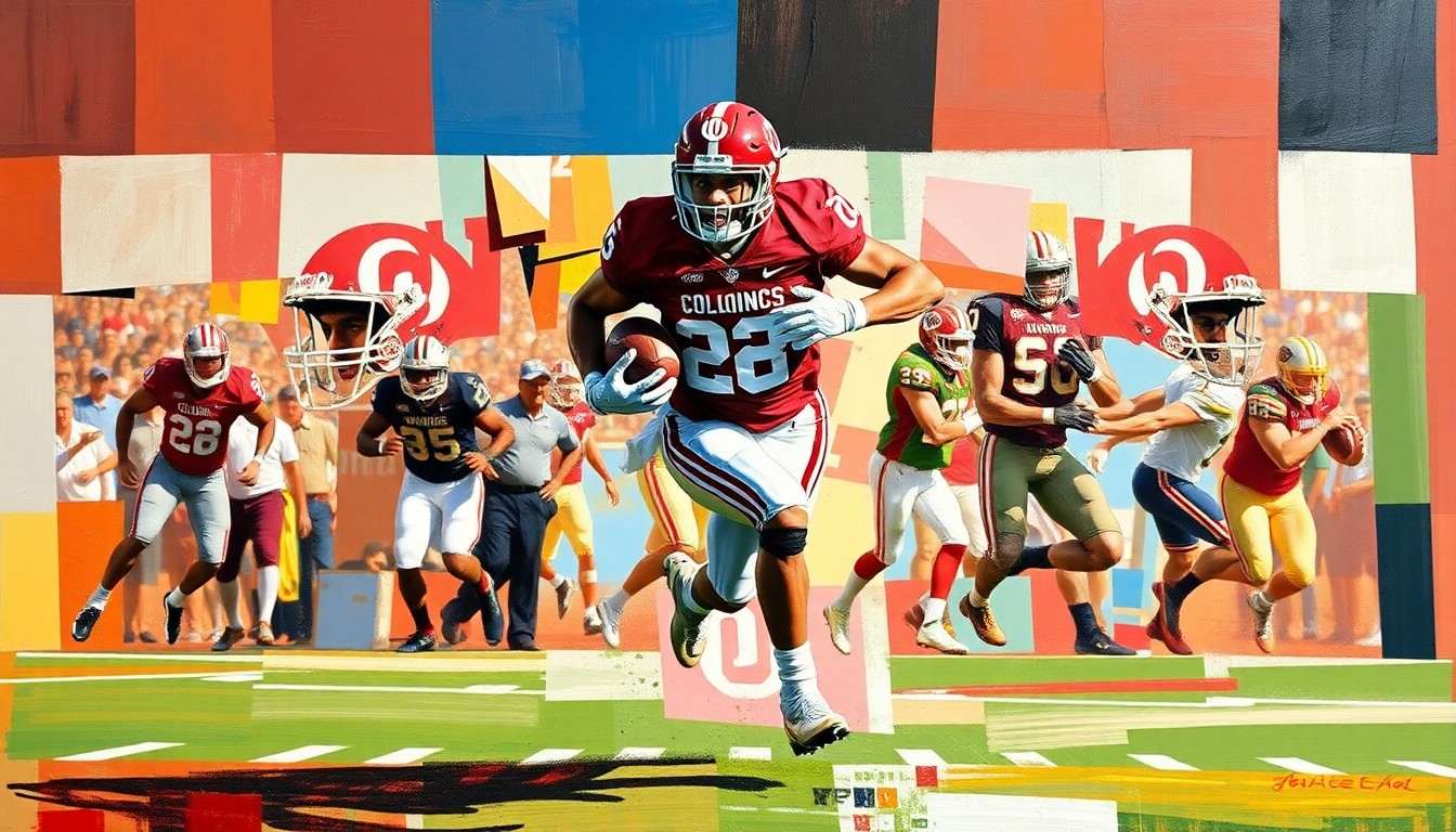 A fragmented, geometric painting depicting an Oklahoma football player running with the ball, with the player's form broken down into sharp, overlapping planes of color and shape.