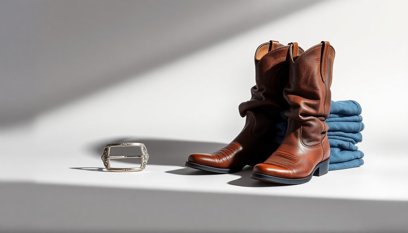 A high-end studio still life photograph featuring a pair of rugged leather cowboy boots, a silver belt buckle, and folded denim jeans, conceptually representing the premium quality and craftsmanship of western-inspired apparel.