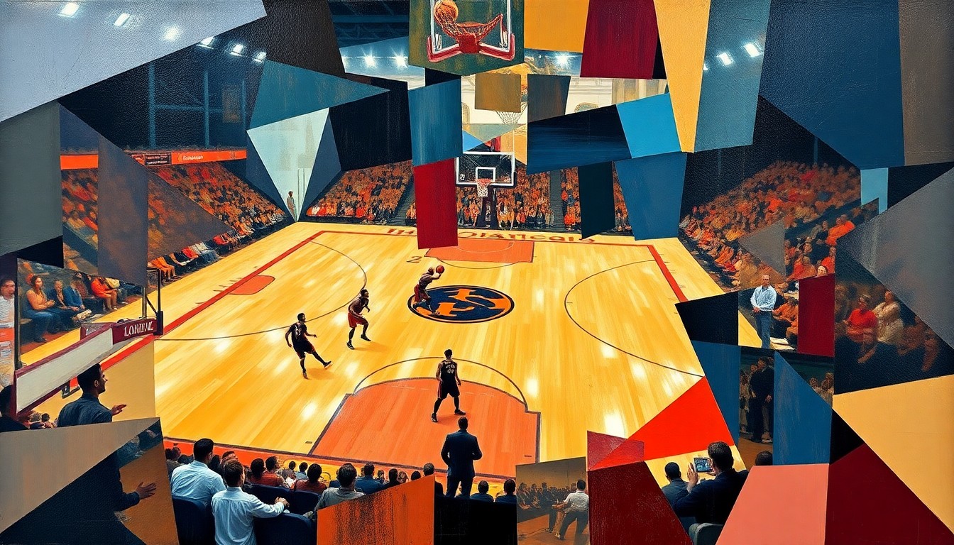A fragmented, geometric painting depicting a basketball game or match, with sharp, overlapping planes of color and form conveying the dynamic energy and strategic challenges of the Denver Nuggets' playoff push.