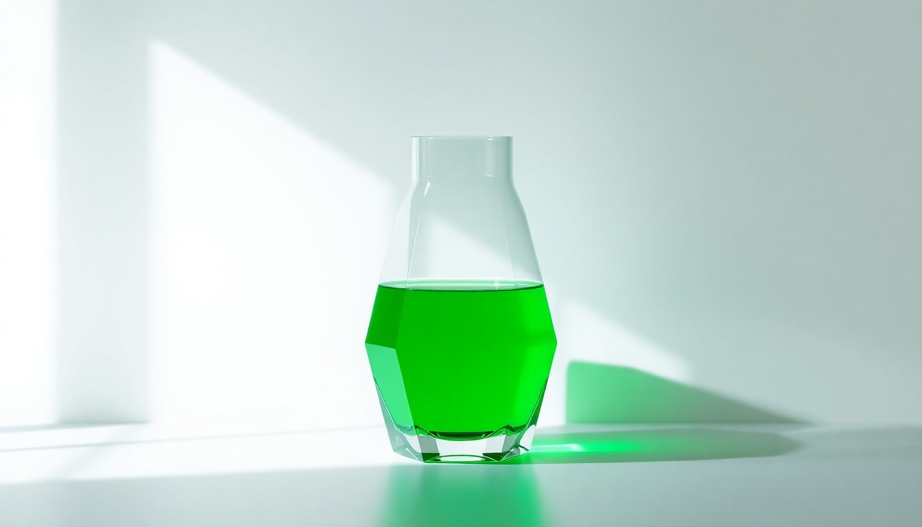 A close-up view of a polished, geometric glass container filled with a vibrant green liquid fertilizer solution, set against a clean, monochromatic background with sharp, dramatic lighting to convey the precision and innovation of the new manufacturing facility.