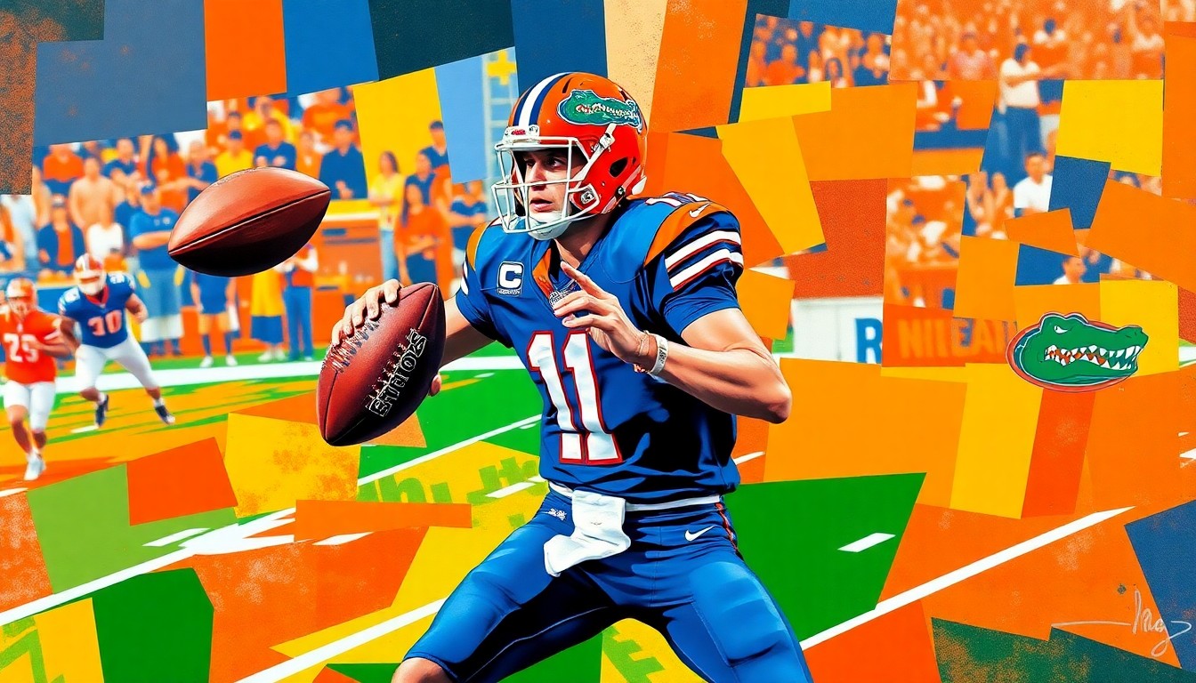 A cubist-style painting depicting a football quarterback in motion, with sharp geometric shapes and planes of orange and blue colors representing the Florida Gators.