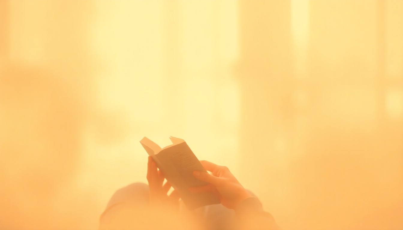 A blurred, atmospheric photograph depicting a person reading a book, with the scene bathed in soft, warm light and color, conveying a sense of introspection and spiritual contemplation.
