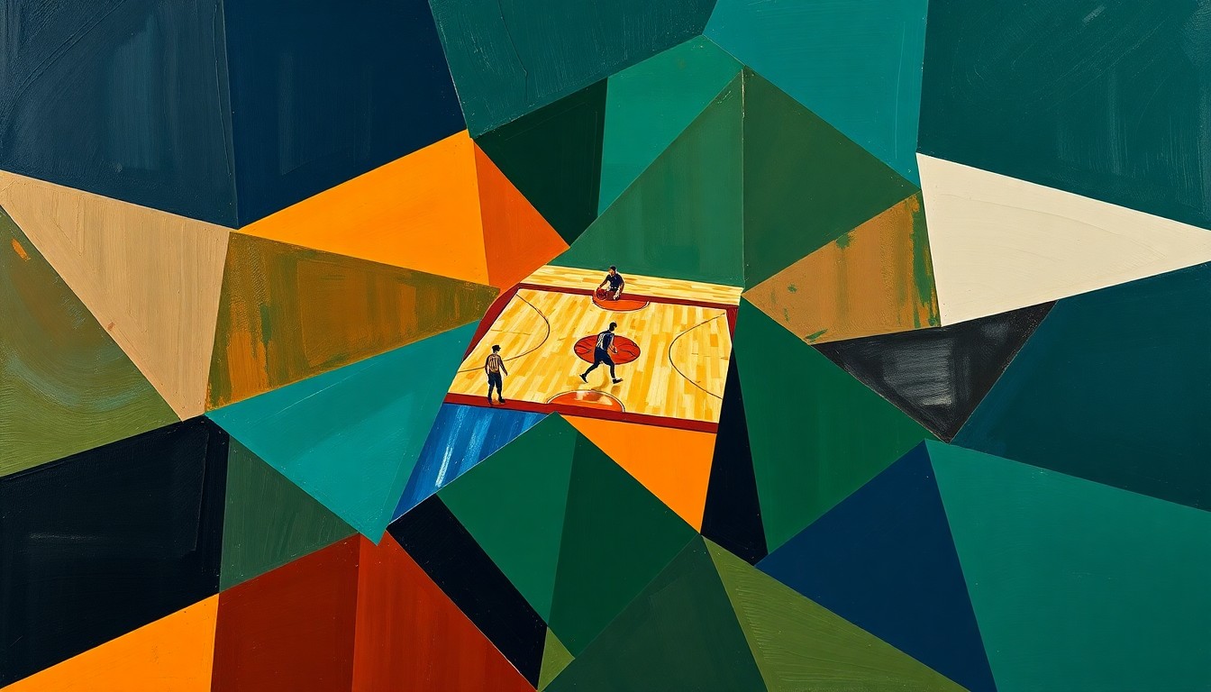 A cubist, geometric painting depicting a fragmented basketball game, with overlapping planes of navy, green, and orange conveying the strategic considerations behind resting key players.