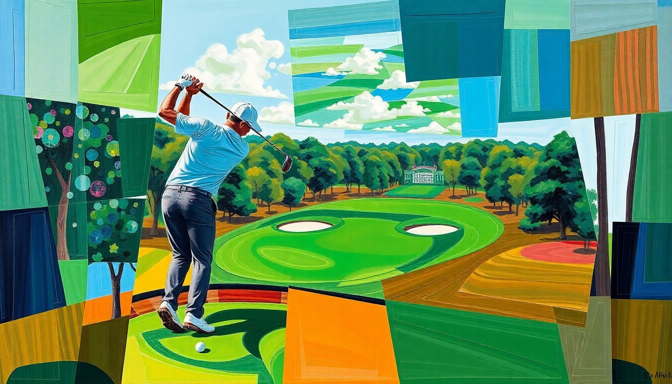 A cubist, geometric illustration depicting a golfer's swing and the Augusta National course broken down into sharp, overlapping planes of color, capturing the tactical nature of navigating the firm, fast conditions.