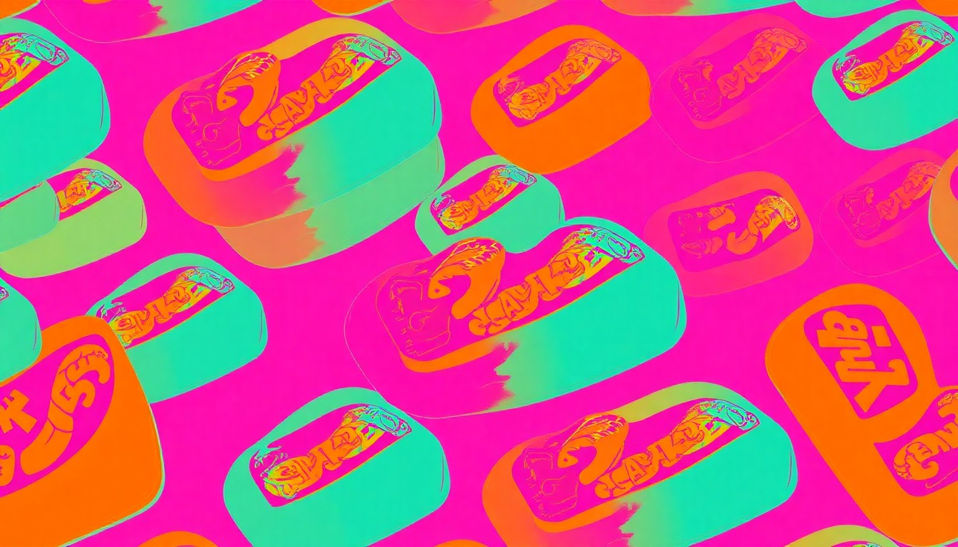 A brightly colored, high-contrast silkscreen print of a single, iconic fried seafood item such as a clam or lobster roll, repeated in a tight grid pattern in the style of Andy Warhol, capturing the essence of the coastal cuisine that will be absent from Crescent Park this summer.