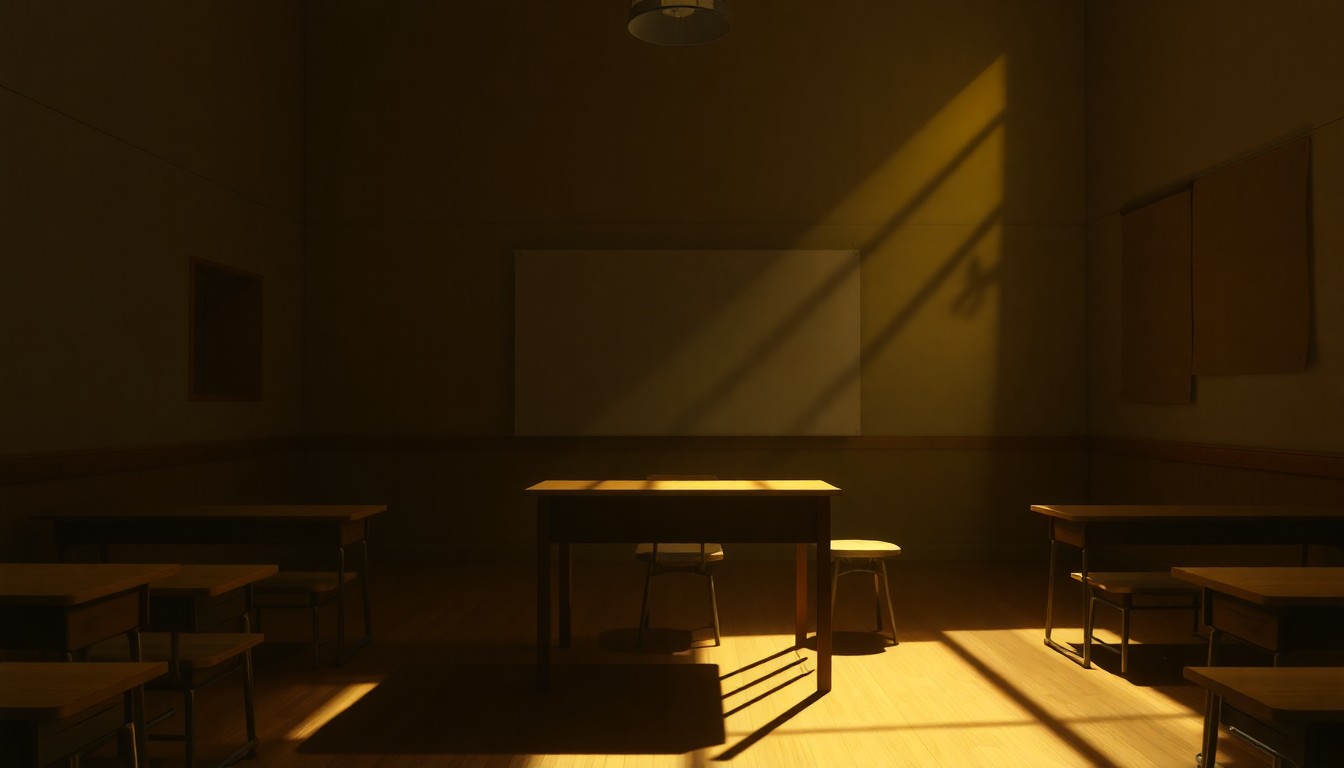 A dimly lit, cinematic painting of an empty university classroom, with warm sunlight streaming through the windows and deep shadows across the floor and desk, conveying a sense of unease and tension.