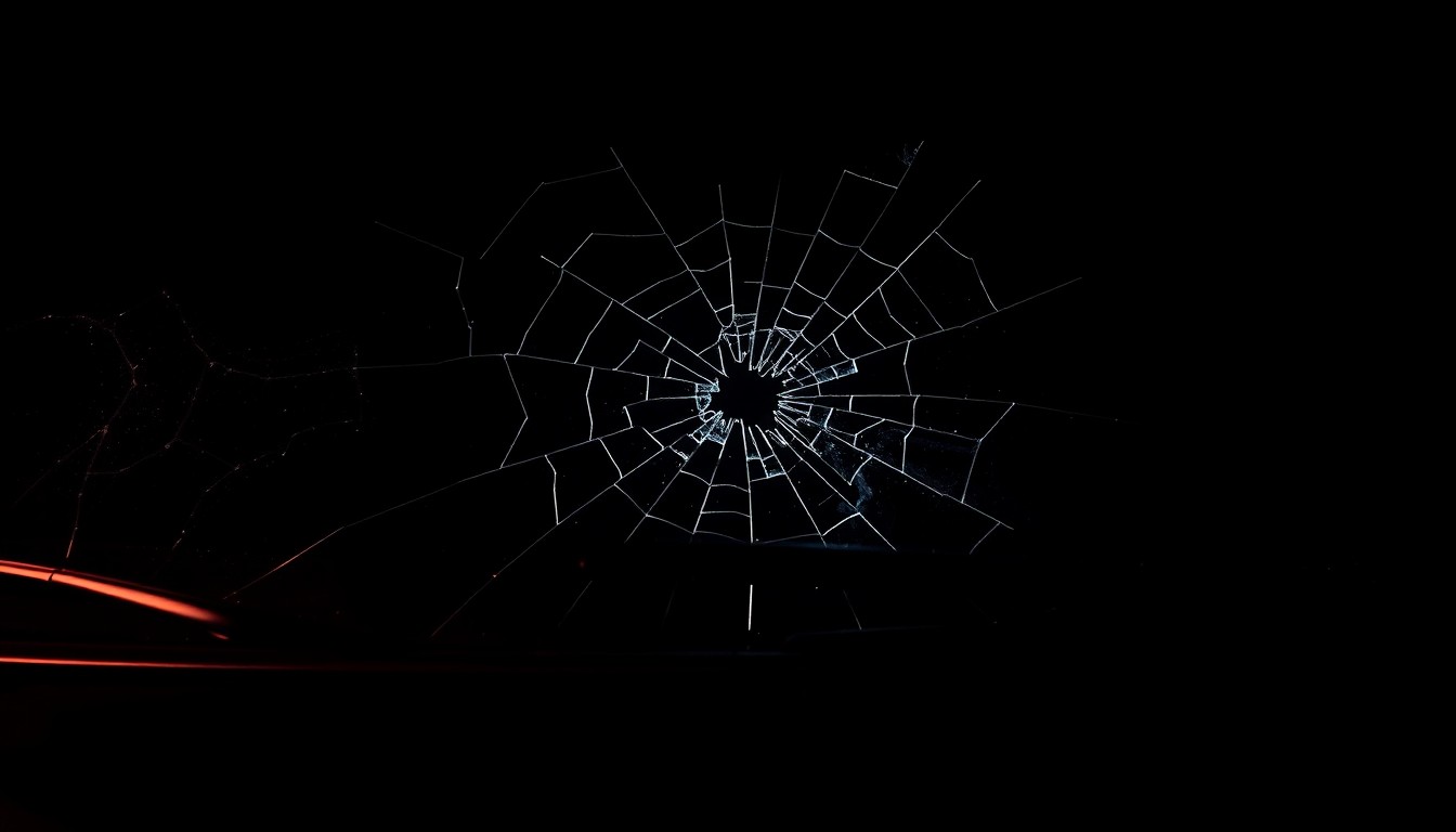 An extreme close-up photograph of a cracked car windshield or damaged vehicle part, lit by a harsh, direct camera flash against a pitch-black background, conveying the gritty aftermath of a violent collision.