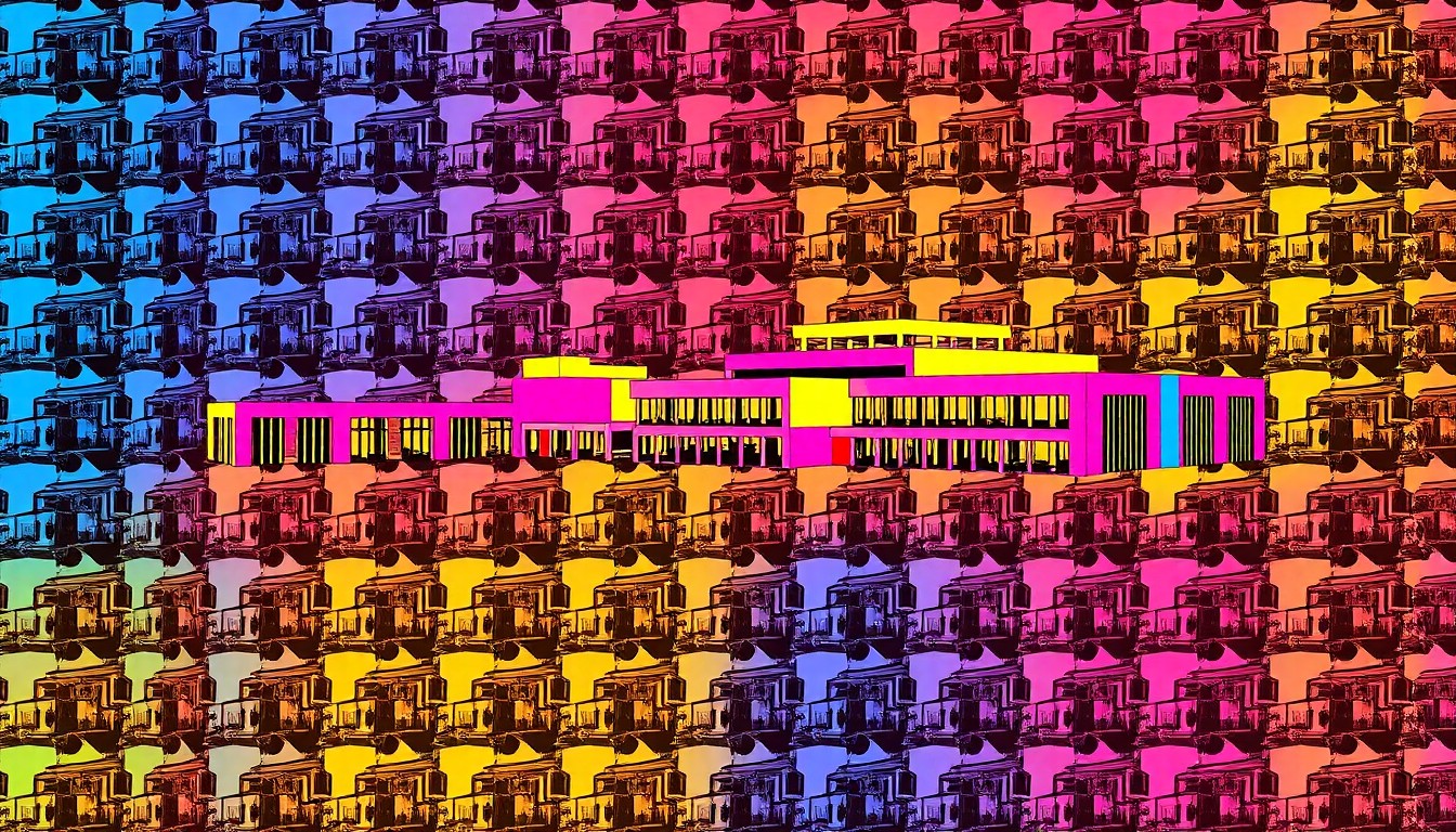 A vibrant, high-contrast silkscreen print featuring the distinctive geometric forms and angular lines of the Getty Center's modernist architecture, repeated in a grid pattern and rendered in a neon color palette that evokes the energy of a pop art masterpiece.