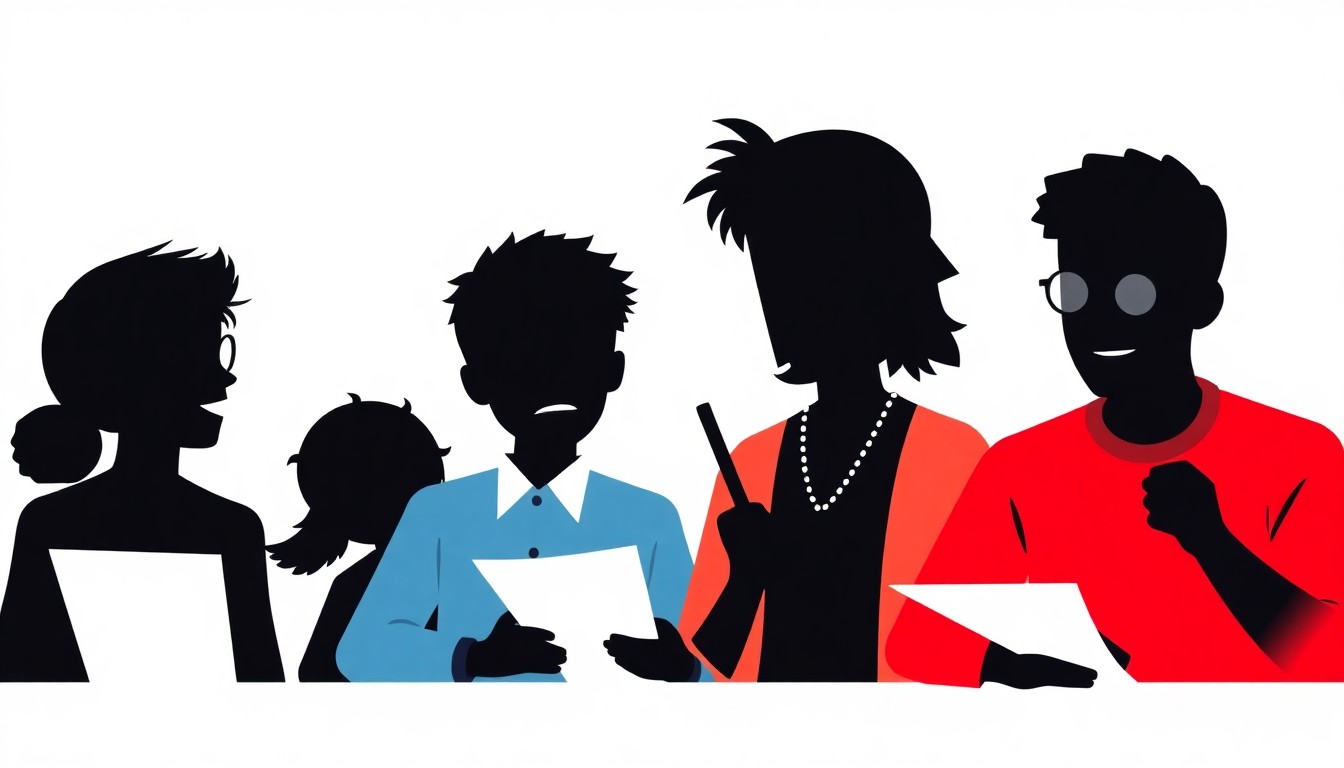 A striking abstract illustration in the style of Saul Bass, featuring bold geometric shapes and silhouettes in high-contrast colors, conceptually representing the quirky characters and competitive spirit of a middle school spelling bee.