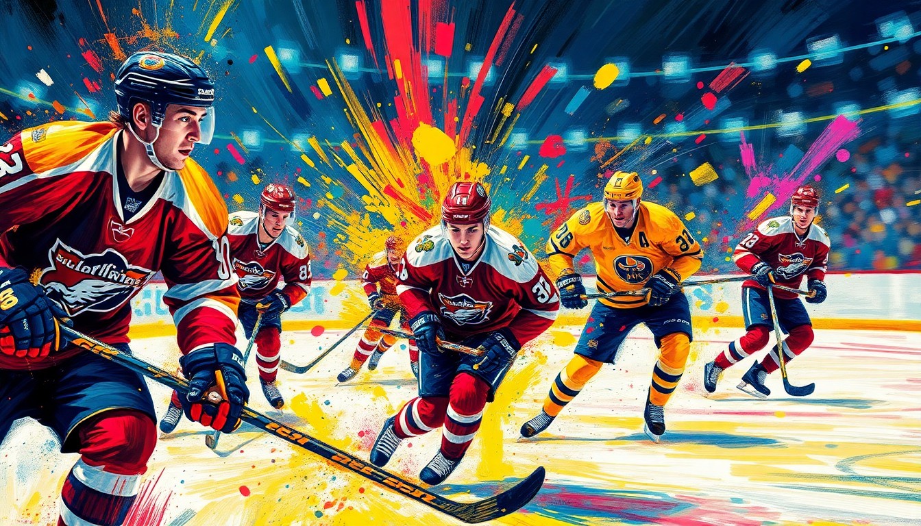 An abstract, expressionist painting in vibrant neon colors, capturing the intense movement and energy of a professional hockey game, with players' forms dissolving into dynamic brushstrokes.