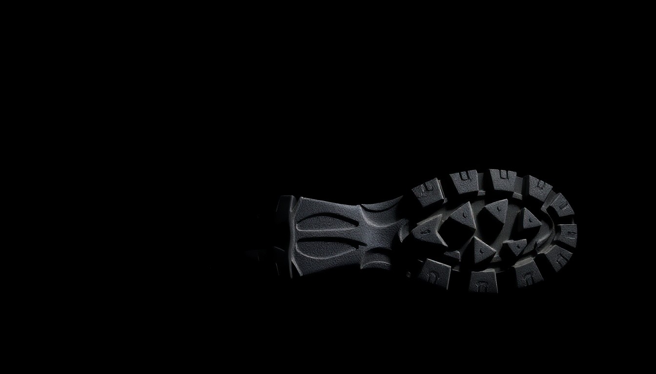 An extreme close-up photograph of a broken hiking boot sole against a pitch-black background, conceptually illustrating the dangers of hiking in remote areas.