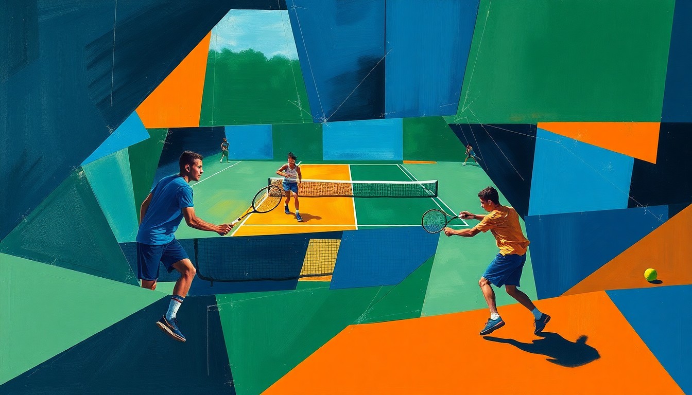 A cubist, geometric painting depicting a high school tennis match, with overlapping planes of navy, green, and orange representing the dynamic action and competition on the court.