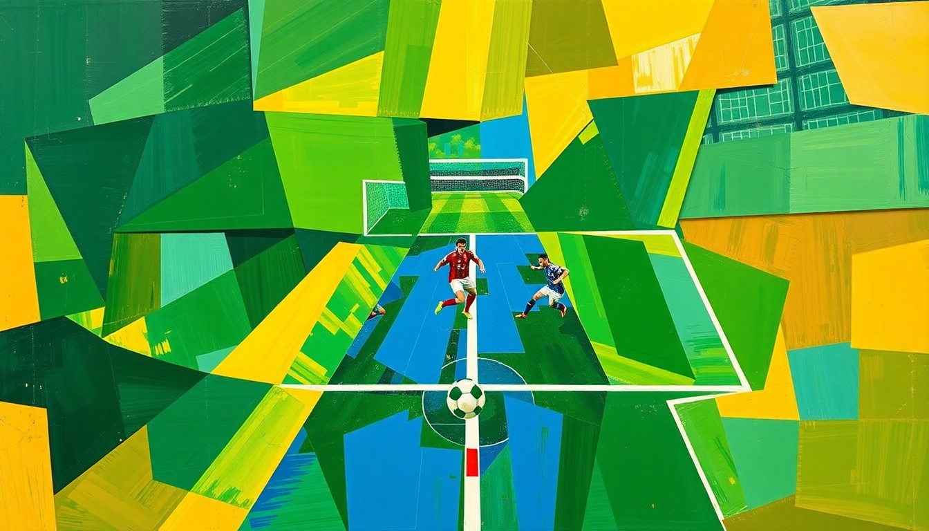 A fragmented, geometric painting depicting the dynamic movements and clashing energy of a high school soccer match, with players and the ball rendered as overlapping shapes in a vibrant color palette.