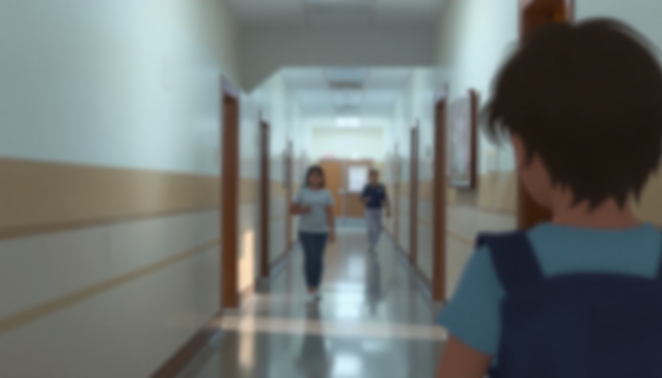 An abstracted, out-of-focus photograph of a school hallway, with soft pools of warm light and muted colors, conveying a sense of emotional distance and uncertainty around the loss of specialized student support services.