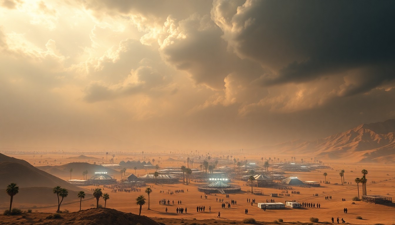 A vast, atmospheric landscape painting depicting a massive dust storm sweeping across the Coachella Valley, with the festival grounds and any physical structures dwarfed by the overwhelming scale of the natural phenomenon.