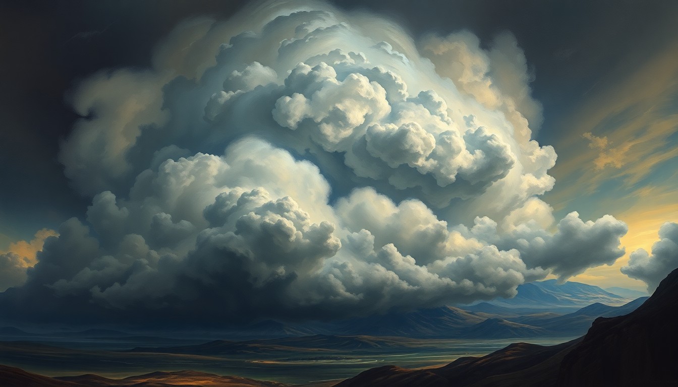 A sweeping, atmospheric landscape painting in muted tones of grey, blue, and green, with a massive, swirling storm system dominating the sky and dwarfing any physical structures or objects below, conveying a sense of the overwhelming, sublime power of nature.