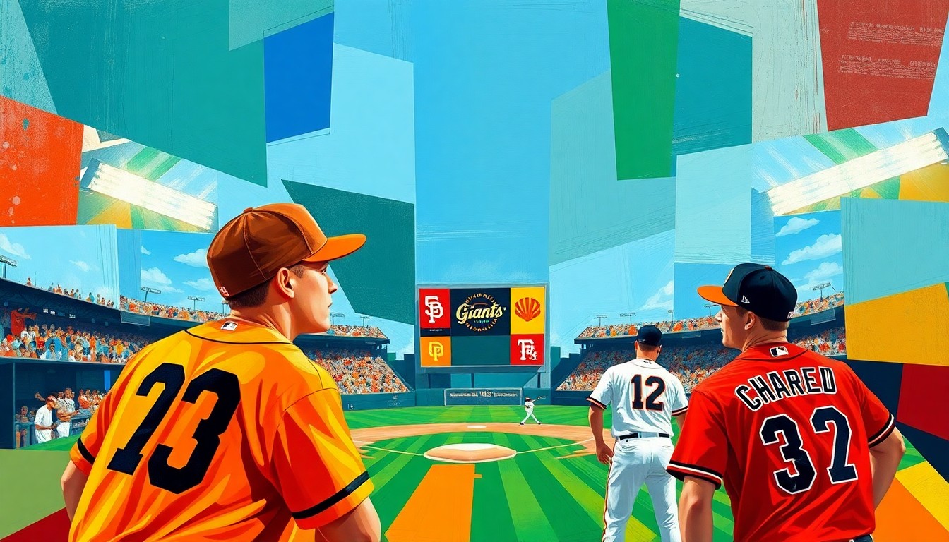 A visually striking, abstract painting depicting a baseball game through a cubist lens, with sharp, overlapping shapes and planes of color representing the players and action on the field.