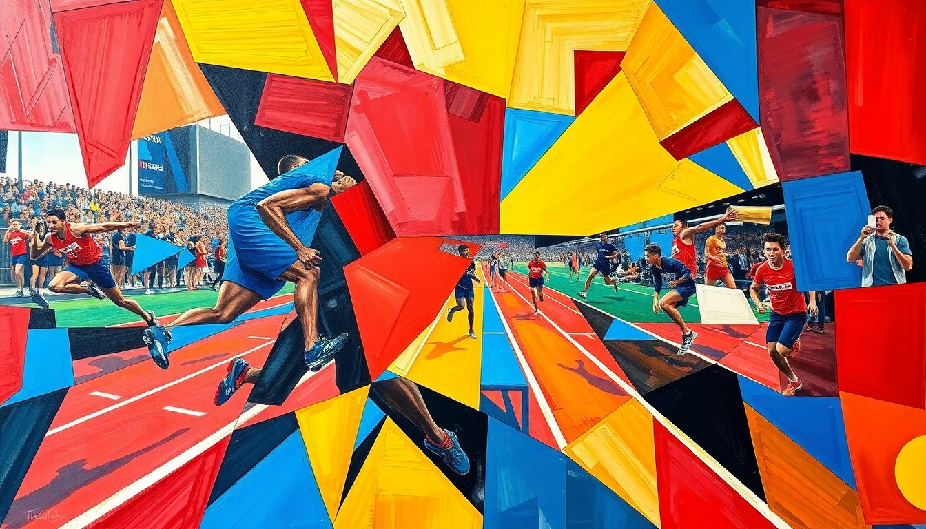 A fragmented, multi-angled painting depicting a high school track and field event, with sharp geometric shapes in vibrant colors representing the energy and intensity of the competition.