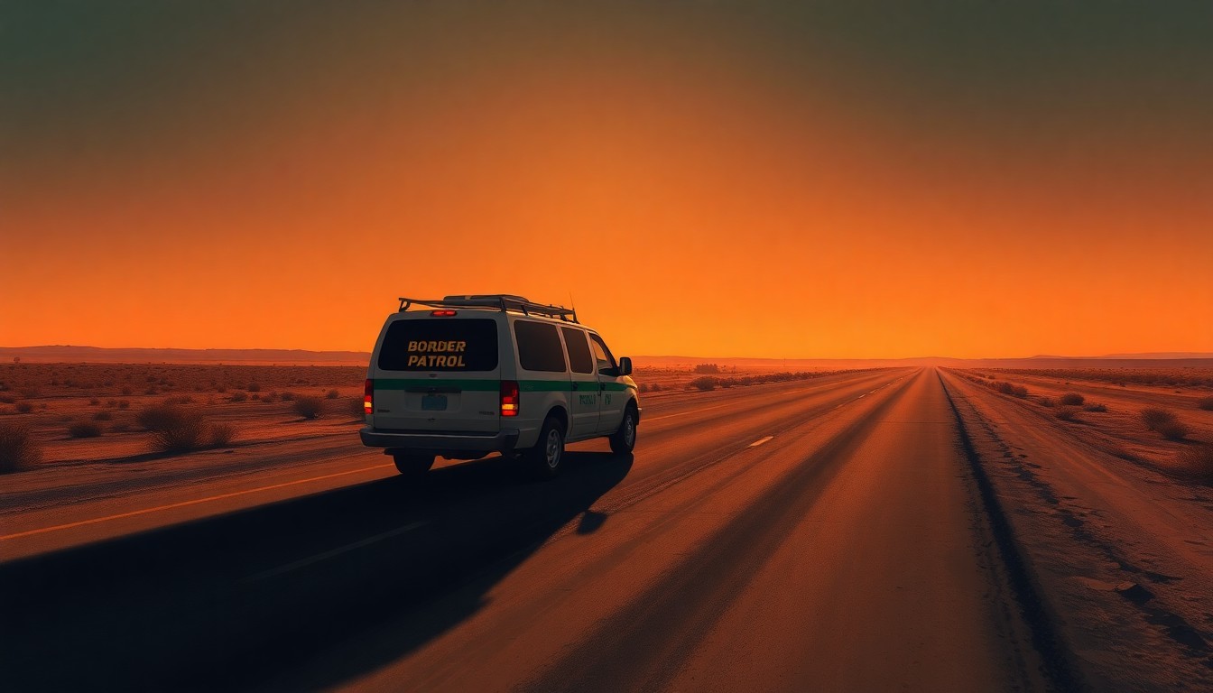 A serene, photorealistic painting of a lone Border Patrol vehicle parked on a dusty road, the warm sunlight casting deep shadows across the scene and creating a palpable sense of isolation and contemplation.