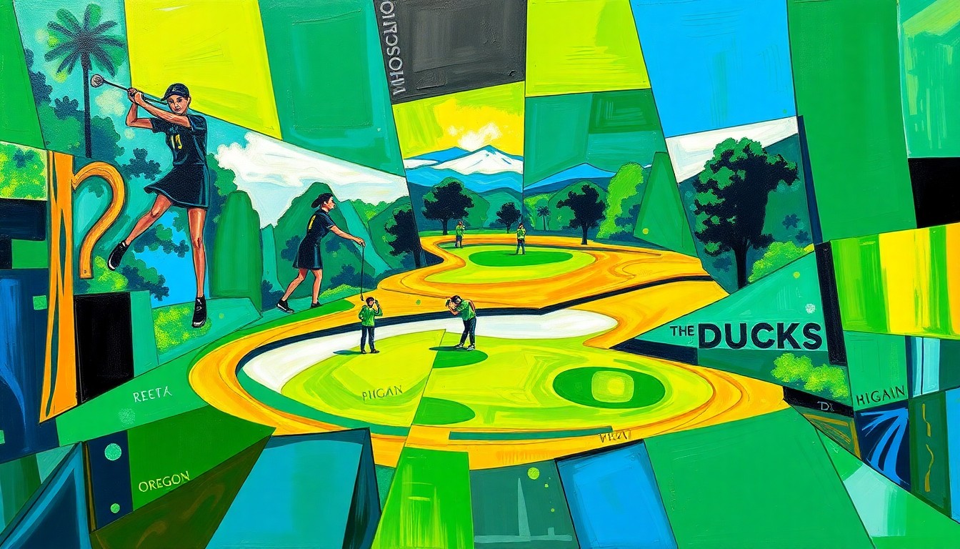 A cubist, geometric painting in vibrant greens, blues, and golds, capturing the dynamic action and competition of a women's golf tournament in an abstract, deconstructed style.