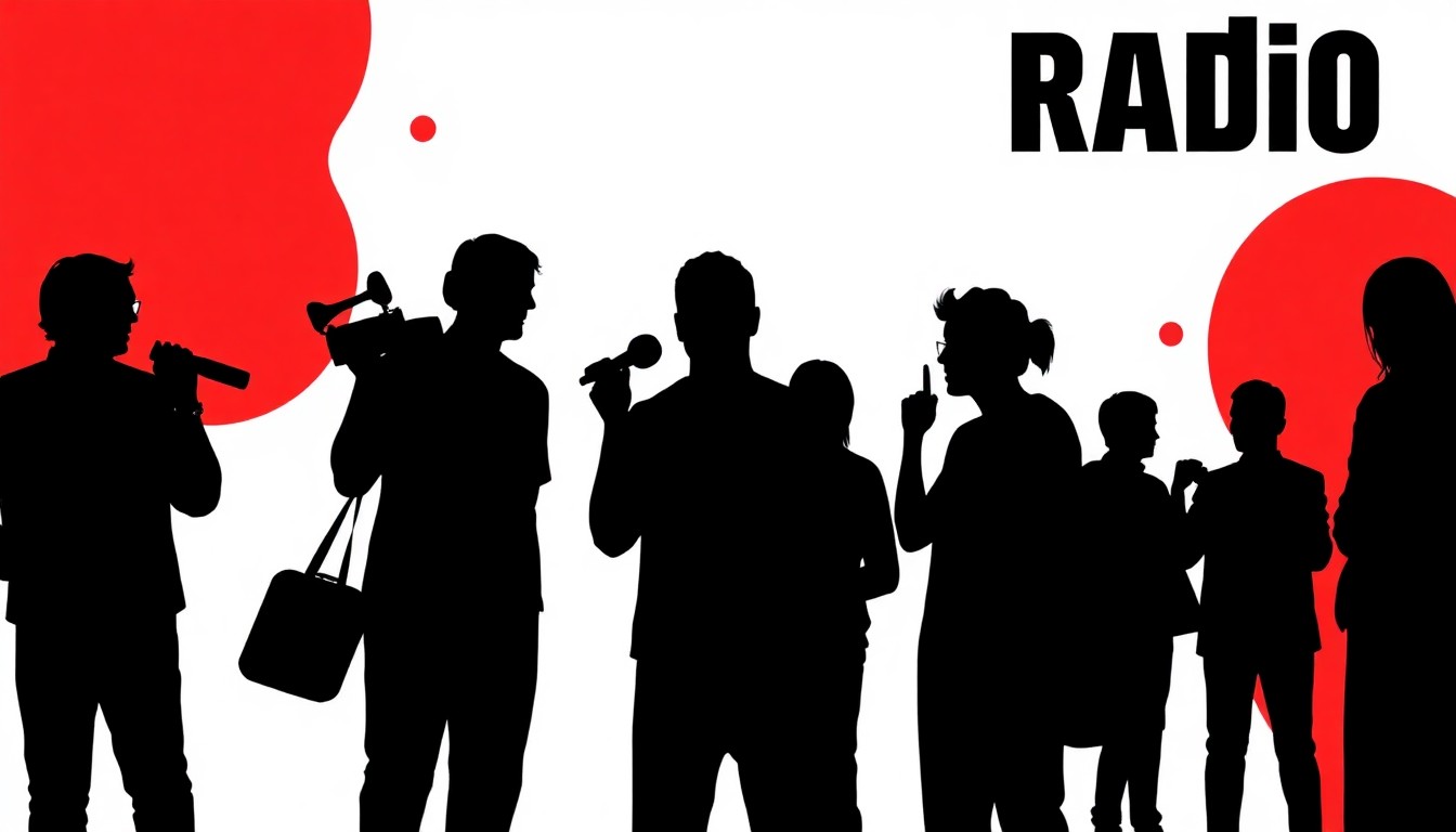 An abstract illustration using bold, geometric black shapes and bright red and white colors to represent the community-driven mission of a local radio station.