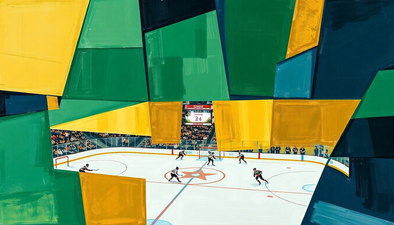 A cubist, geometric painting depicting a fragmented college hockey game, with sharp planes of green, gold, and navy blue representing the competing teams and the high-stakes action on the ice.