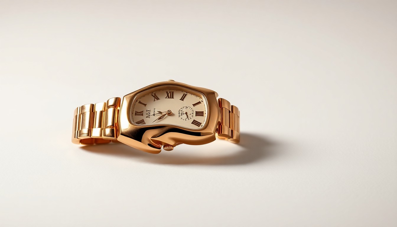 A photorealistic studio still-life photograph of a vintage Cartier watch with a distorted, melted case design, resting on a clean, monochromatic background and using dramatic lighting to conceptually represent the abstract and unconventional nature of this rare timepiece.