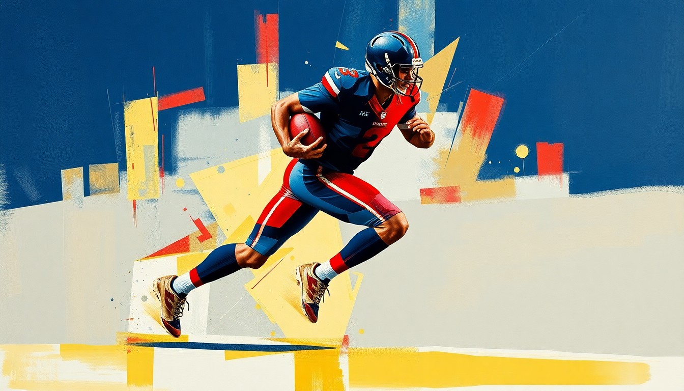 A fragmented, geometric painting depicting a football player in motion, with sharp planes of navy, crimson, and gold conveying the raw athleticism and skill of the subject.