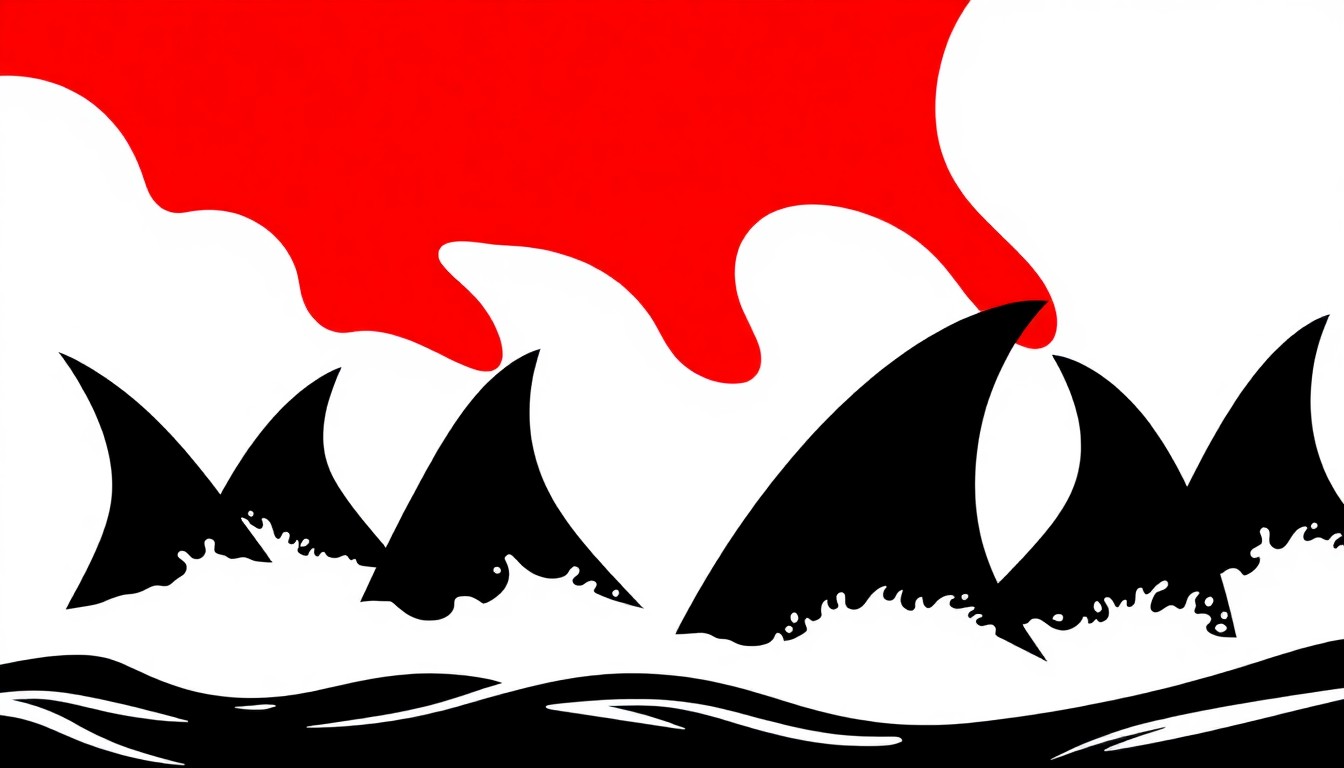 An extreme graphic illustration of sharp, angular black shark fin silhouettes cutting through a bright red and white background, creating a bold, unsettling visual metaphor for the upcoming thriller film 'Thrash'.