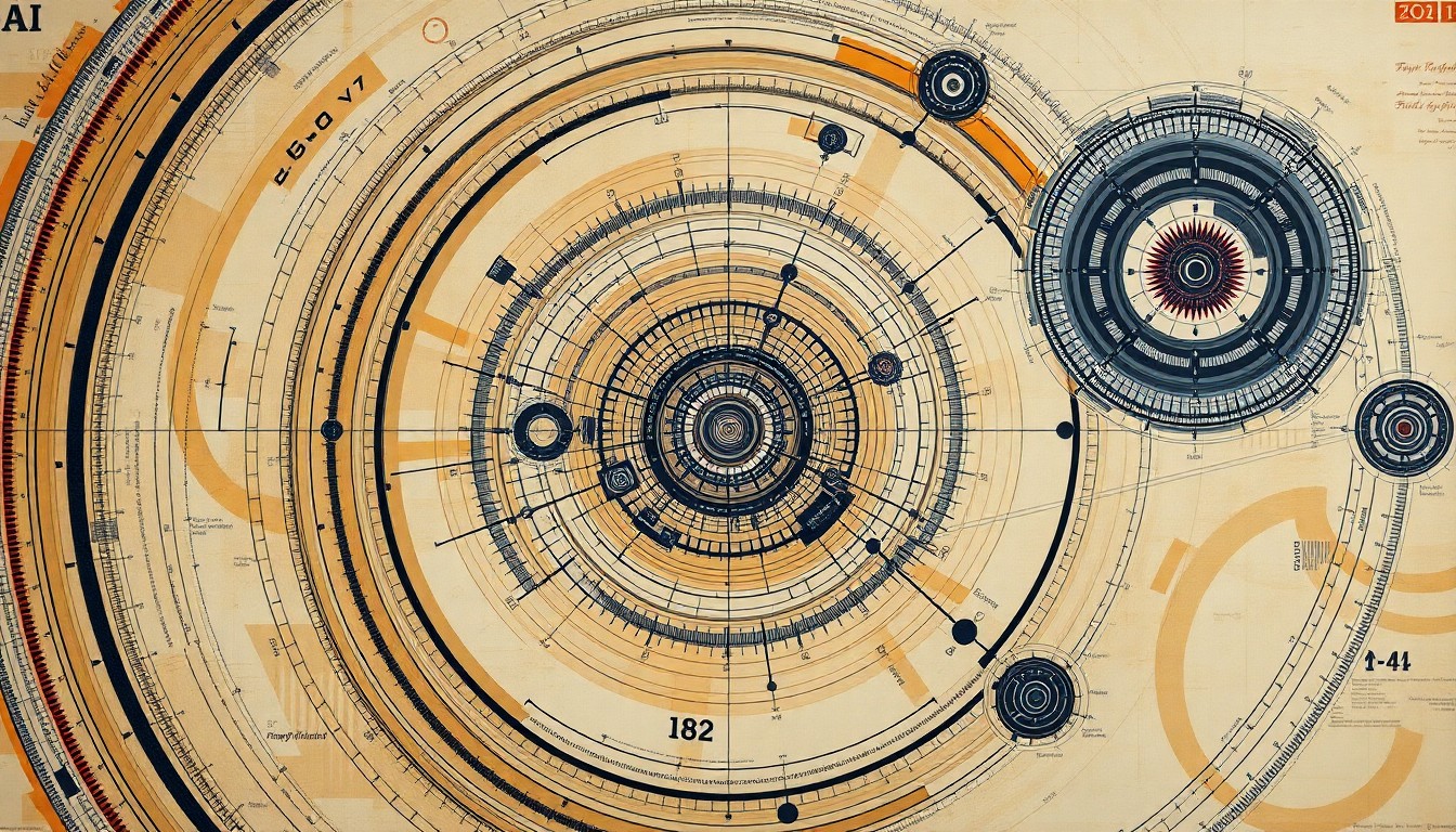 A highly structured abstract painting in muted tones of green, brown, and blue, featuring sweeping geometric arcs, concentric circles, and precise mechanical spirals, conceptually representing the complex technical systems and programming involved in a high school robotics competition.
