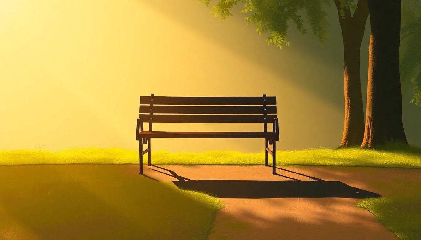 A serene, painterly image of a park bench bathed in warm, golden light and deep shadows, conveying a sense of contemplation and the importance of public green spaces in the community.