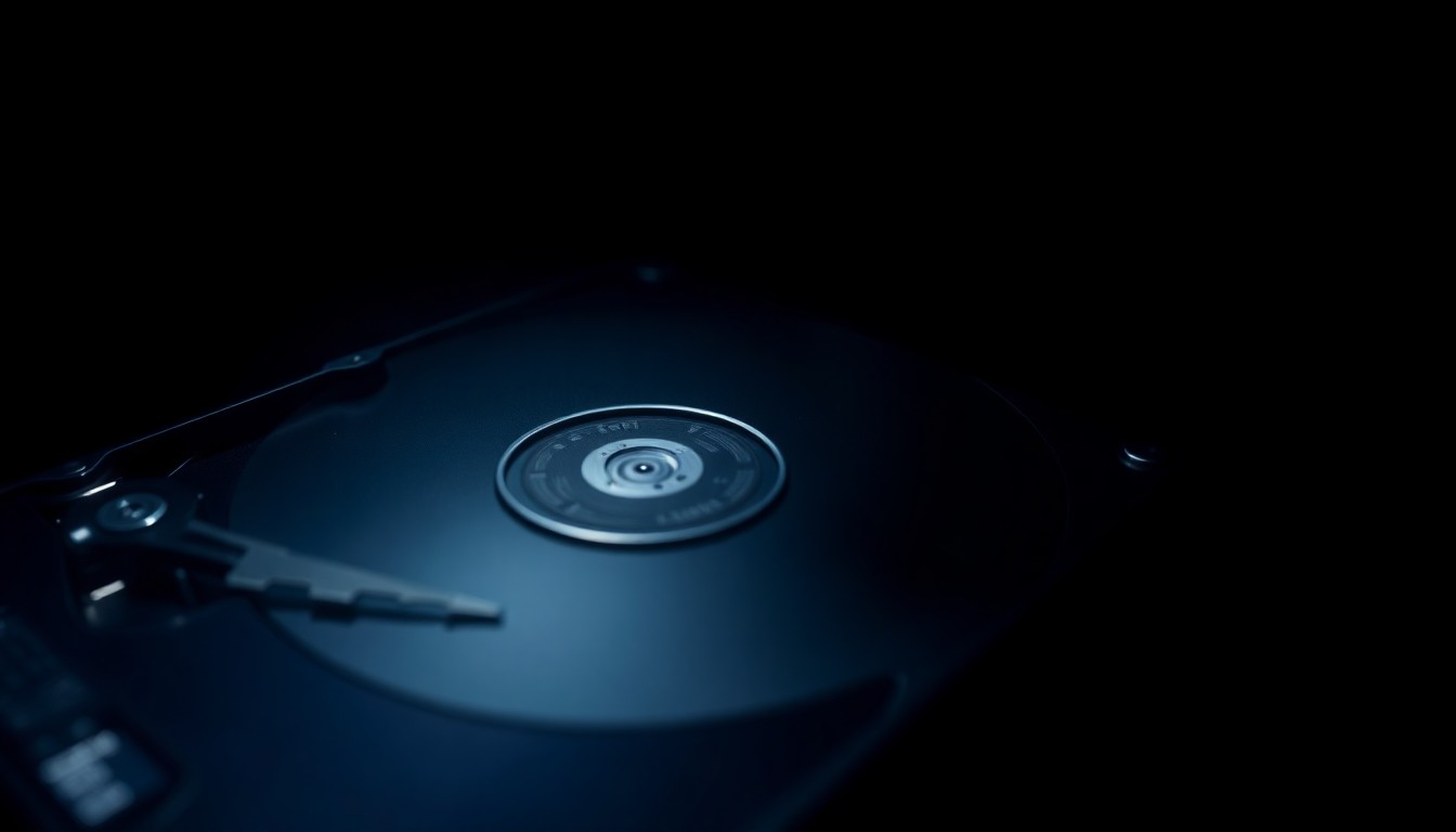 An extreme close-up photograph of a computer hard drive with a harsh, direct camera flash, creating a stark, gritty, investigative aesthetic without any text or symbols.
