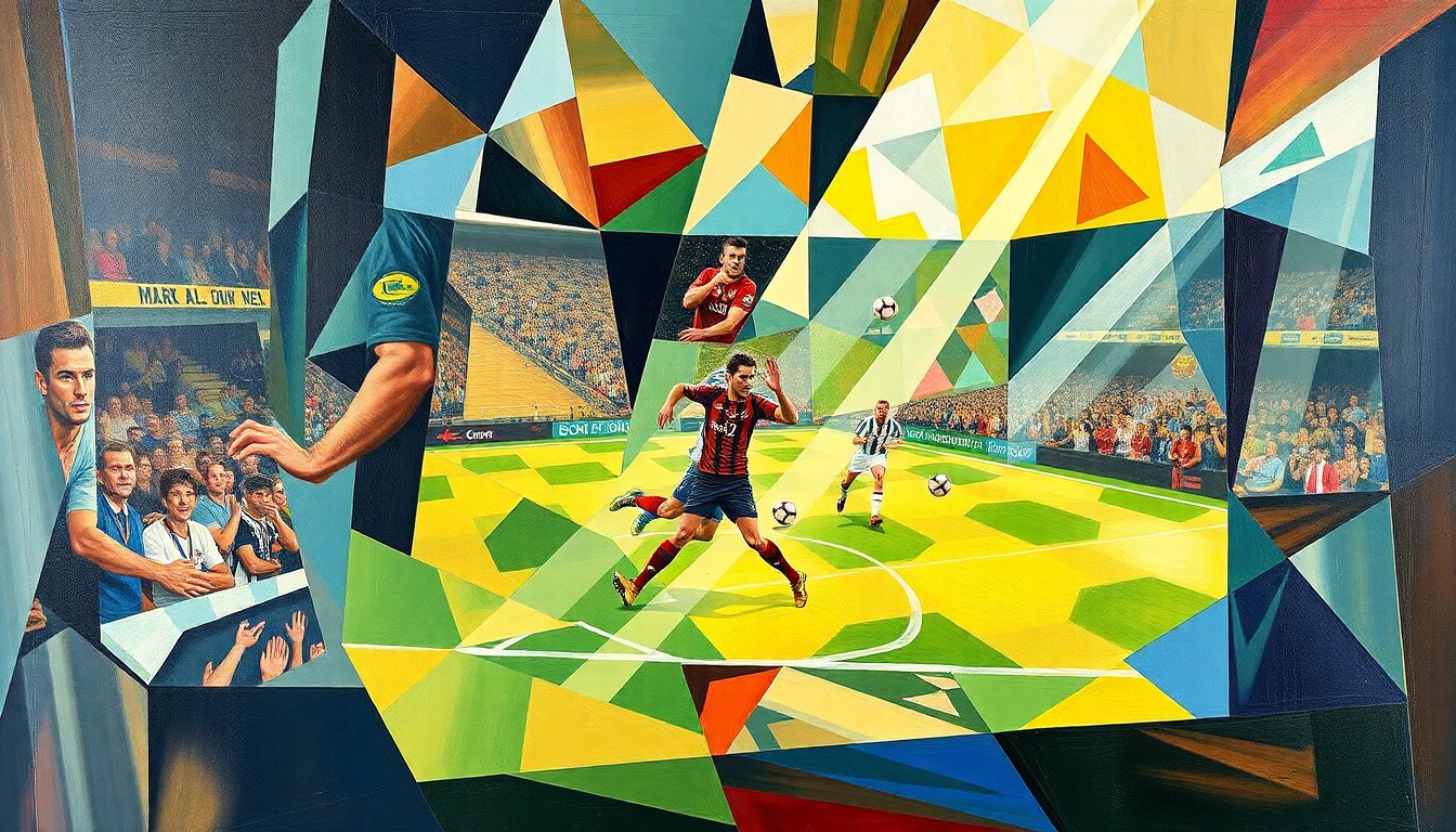 A cubist, geometric painting depicting a soccer player in motion, with the figure broken down into overlapping planes of color and shape, conveying the dynamism and intensity of the sport.