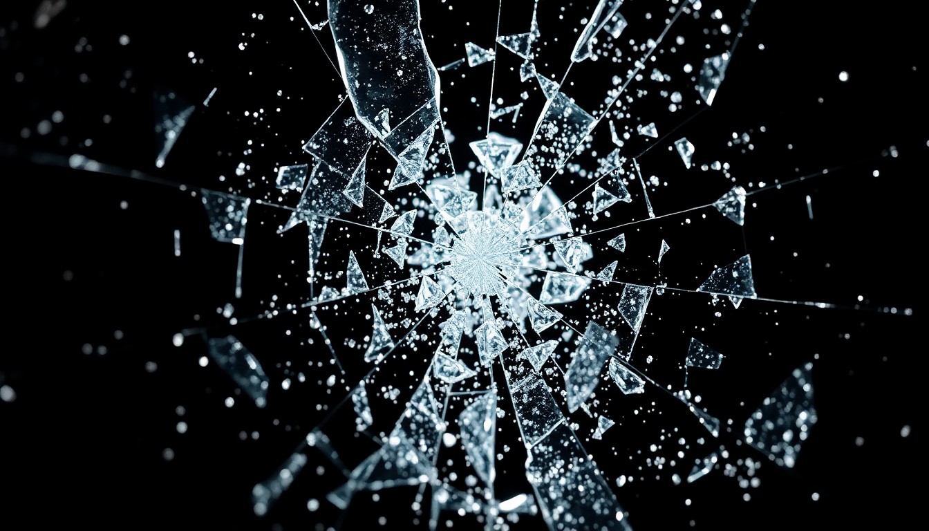 An extreme close-up of shattered glass reflecting a dramatic, high-contrast pattern of light and shadow, conceptually representing the end of a relationship.