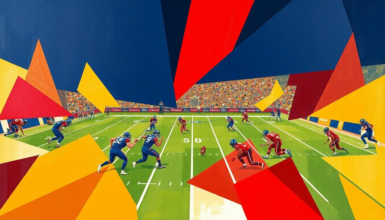 A cubist-style painting featuring overlapping geometric shapes in navy blue, red, and gold, representing the dynamic action of a football game.
