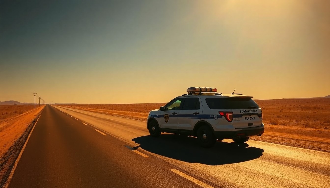 A cinematic painting of a lone border patrol vehicle parked on a desolate road, the vehicle bathed in warm, diagonal sunlight and deep shadows, evoking a sense of quiet contemplation about the challenges of border security.
