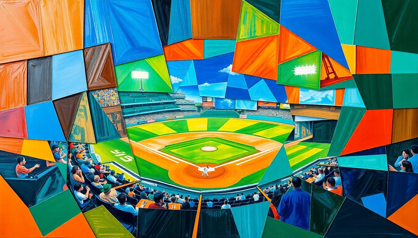 A cubist, geometric painting depicting a baseball game or match, with sharp, overlapping planes of color representing the action on the field and the team's need to adjust without their star player.