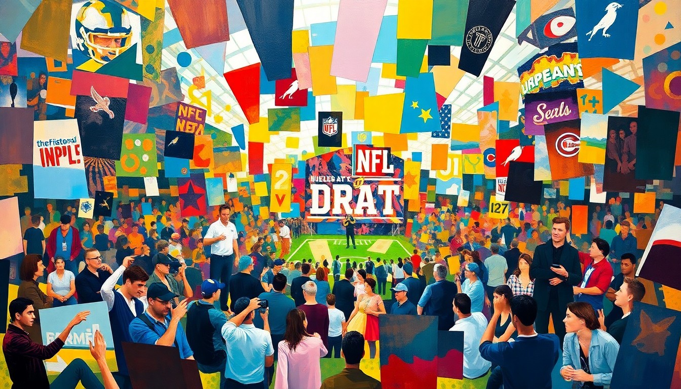 A cubist, geometric painting in shades of blue, green, and red, capturing the dynamic energy and overlapping perspectives of an NFL Draft event.