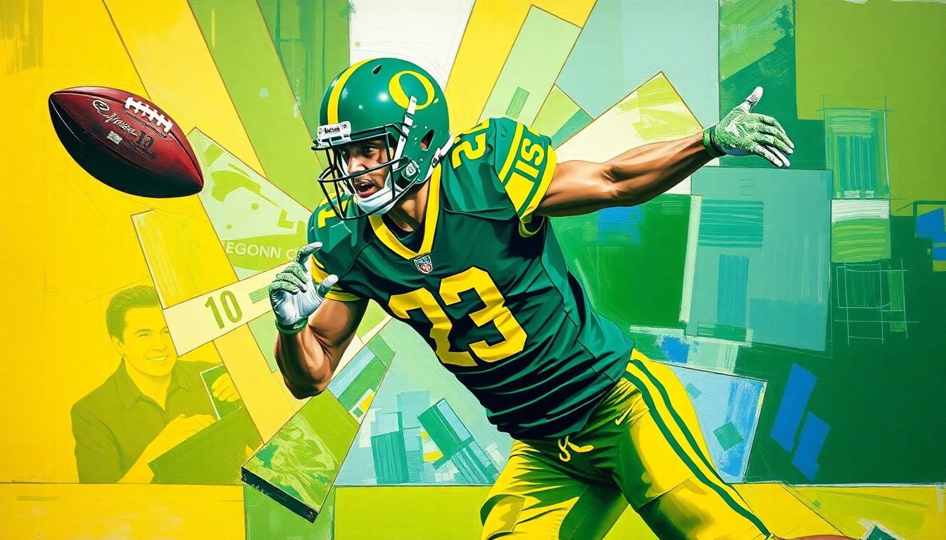 A fragmented, geometric painting depicting an Oregon Ducks defensive back making an interception, with sharp planes of green, yellow, and blue representing the explosive energy and potential of the team's young secondary.