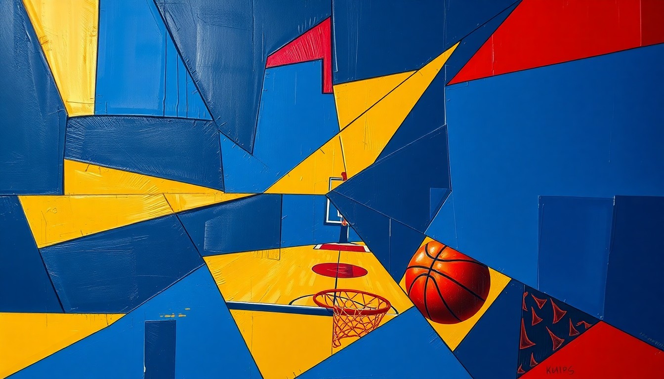A cubist, geometric painting in navy, gold, and crimson red, depicting an abstract college basketball game or match through sharp, overlapping planes and angles.