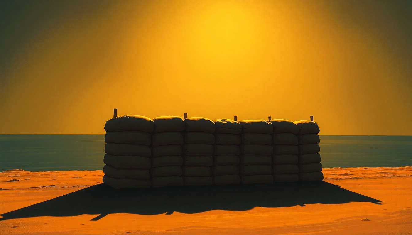 A serene, cinematic painting depicting a lone sandbag barrier along the banks of the Missouri River, with warm sunlight casting deep shadows across the scene, conveying a sense of quiet contemplation around the complex issues of flood management.