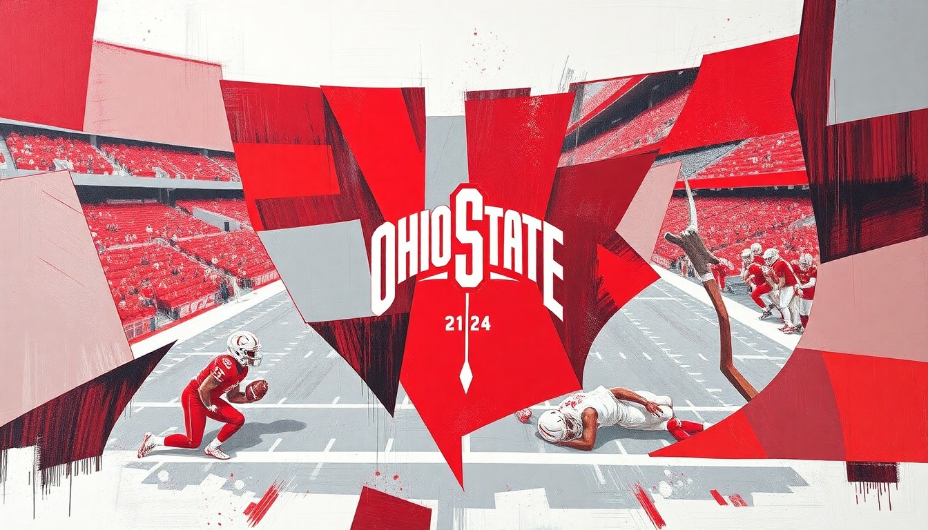 A fractured, multi-perspective painting in the style of Pablo Picasso, breaking down an Ohio State football game or practice into sharp, overlapping geometric planes in the team's official colors of scarlet and gray, conceptually representing the program's roster changes and depth.