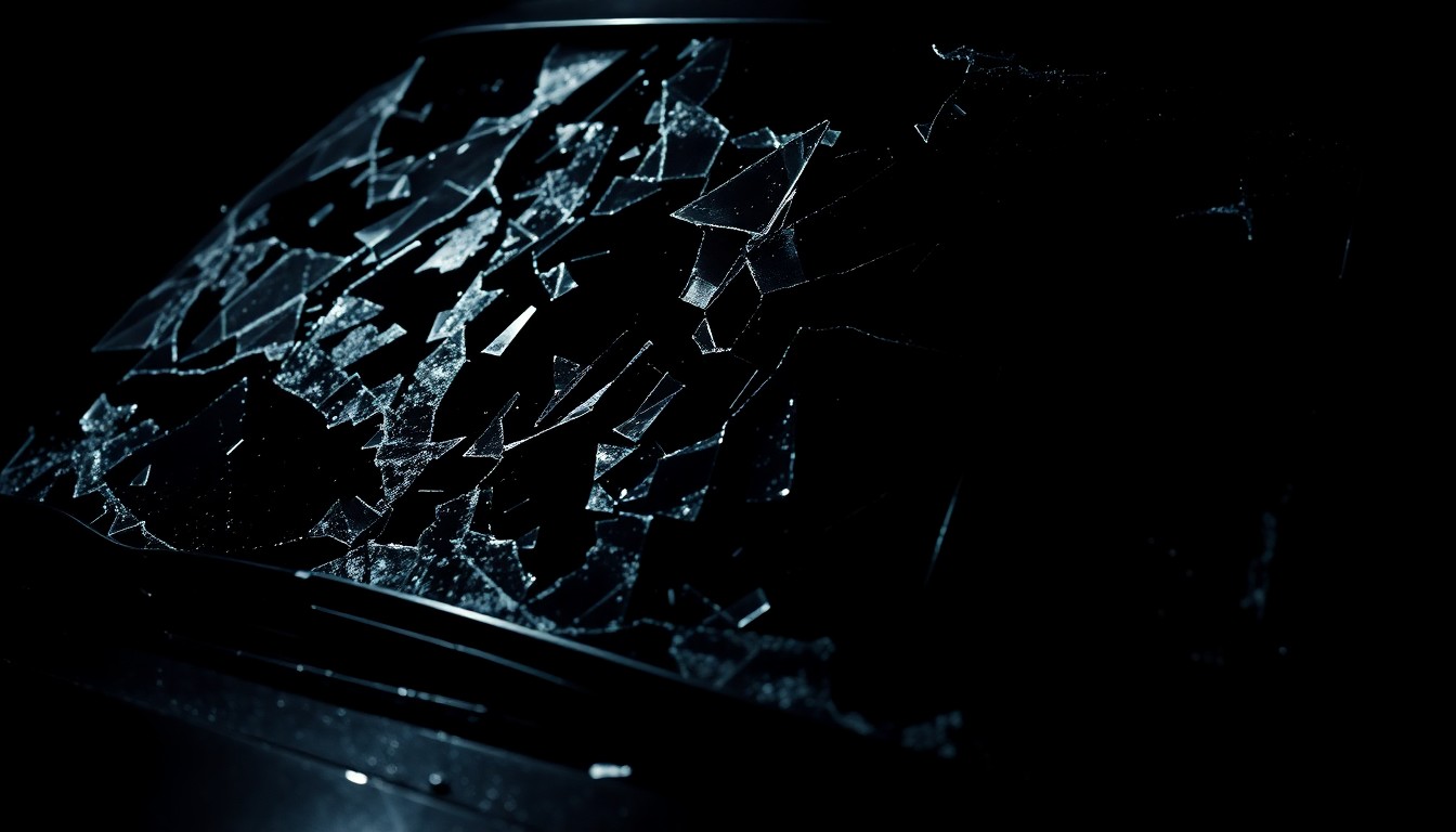 An extreme close-up photograph of a shattered car windshield or other damaged vehicle part, lit by a harsh, direct camera flash against a pitch-black background, conceptually illustrating the gritty aftermath of a fatal rural intersection crash.