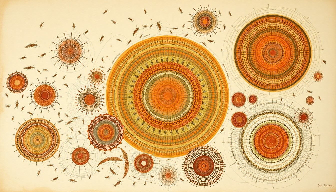 A bold, abstract painting in earthy tones featuring sweeping geometric arcs, concentric circular motifs, and precise botanical spirals, conceptually representing the scale and structural chaos of Mormon cricket and grasshopper swarms impacting Utah's rangelands.