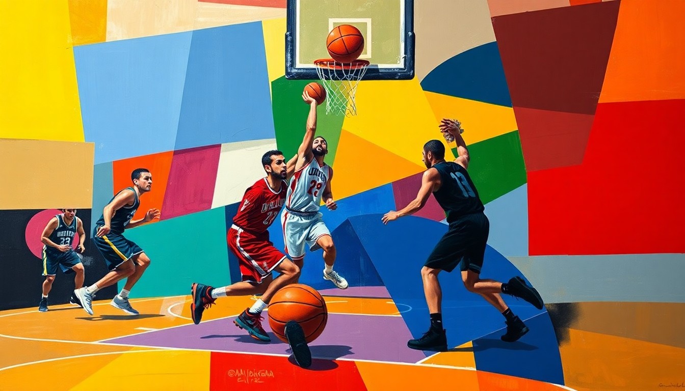 A dynamic, cubist-style painting depicting a basketball game in progress, with the players and court fragmented into sharp, overlapping geometric shapes and planes of vibrant colors, creating a sense of energy and movement.