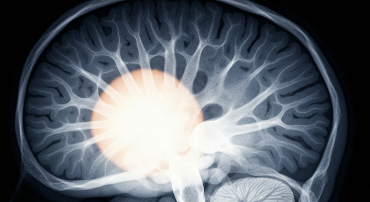 An X-ray-style photograph showing the internal structure of a human brain, with a glowing, ghostly anomaly visible, representing the mass discovered in the city manager's brain.