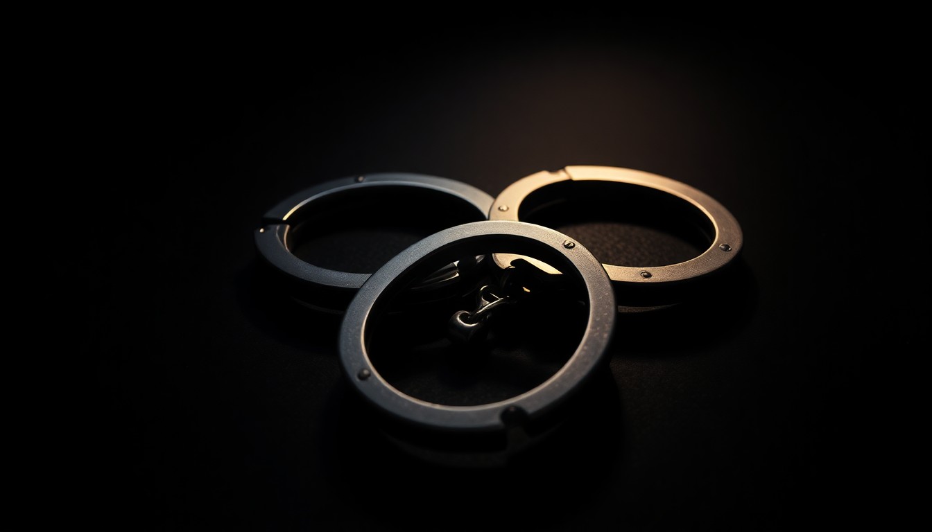 An extreme close-up of a pair of handcuffs lying on a dark surface, the harsh lighting creating a stark, gritty, investigative mood without any text or symbols.