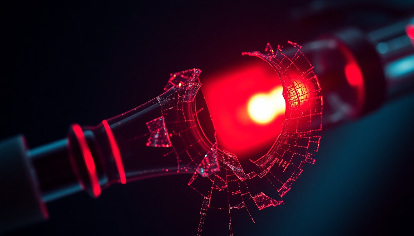 An extreme macro photograph of a shattered glass medical instrument reflecting a faint red light, conveying the fragility and high-stakes of emergency medicine through an abstract, textural composition.