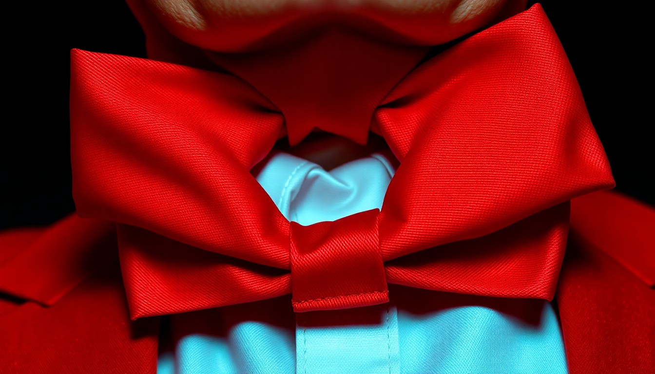 An extreme close-up photograph of a luxurious, shimmering red bowtie, capturing the intricate texture and high-contrast lighting to create a glamorous, high-fashion aesthetic.